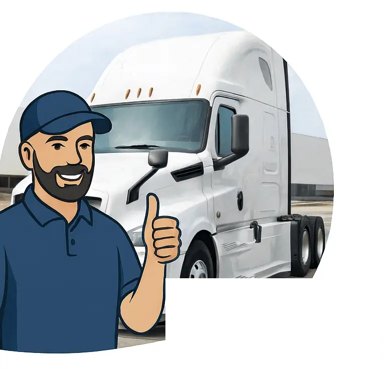 samytrucks.com buys at a good offer any commercial vehicle available. Image with a truck and an animated man showing thumbs up