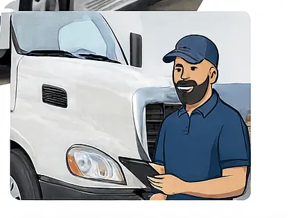 samytrucks.com buys any truck, semi trucks, fleet vehicle or shortly any commercial vehicle at a great offer. Image showing an animated man taking notes with a truck in the background
